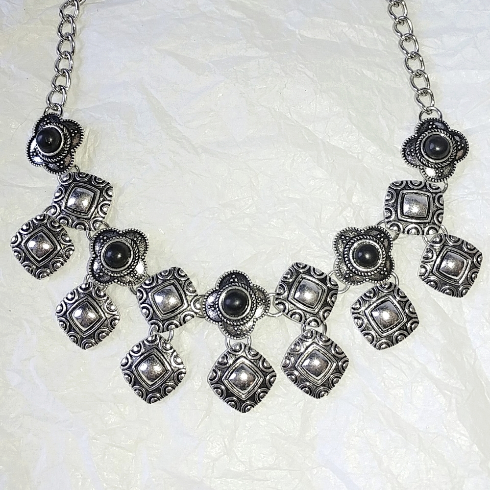 SILVER & BLACK CHOKER BOHO NECKLACE & EARRINGS